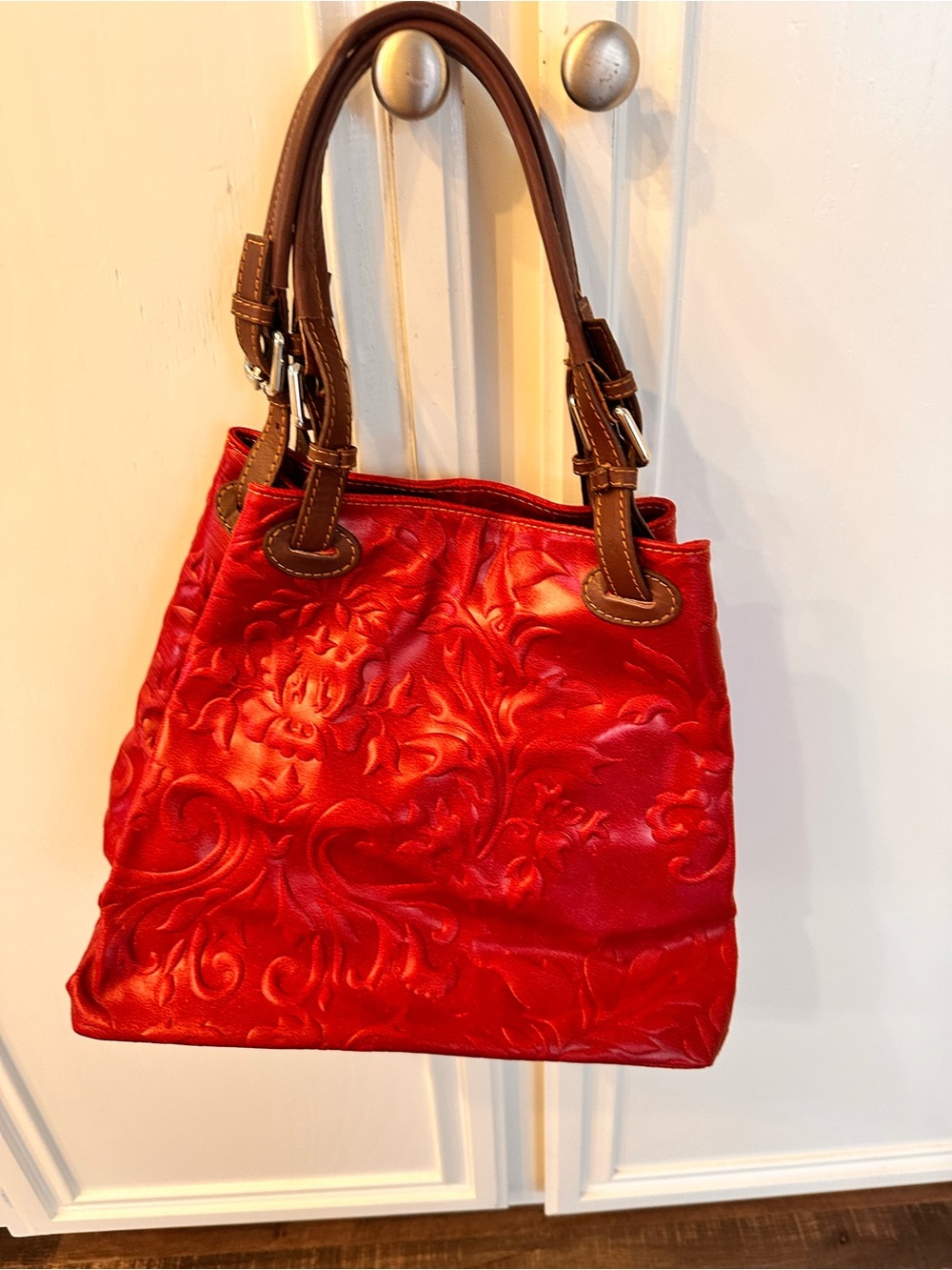Red Embossed genuine Leather Tote Bag with Brown Handles made in Italy